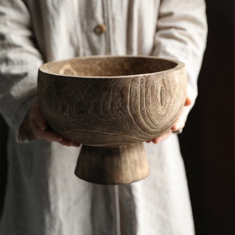 侘寂风实木高脚盆民宿收纳盆