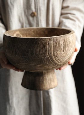 侘寂风复古实木花盆高脚盆手工制作果盘民宿大号收纳零食盆摆件