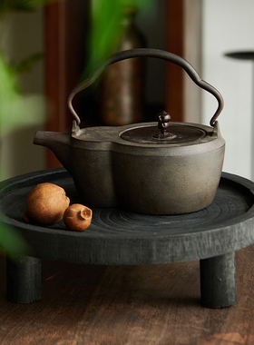 侘寂风黑色泡桐木三足果盘阳台客厅茶几木质托盘茶台茶桌装饰摆件