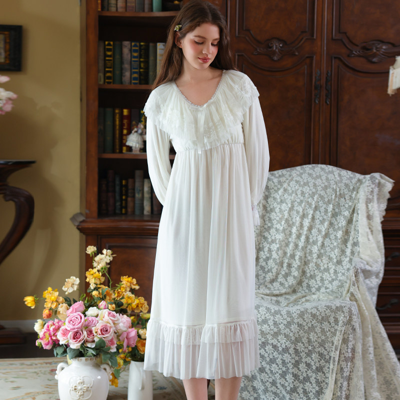 春季宫廷风网纱莫代尔长袖法式绝美睡裙女带胸垫睡衣女款2026新款