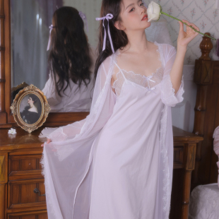 纯棉莫代尔蕾丝吊带长袖秋季睡裙女款性感纯欲2026新款女秋两件套