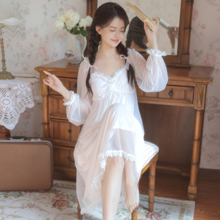 春秋少女居家莫代尔网纱蕾丝法式绝美睡裙女款可爱纯欲睡衣带胸垫