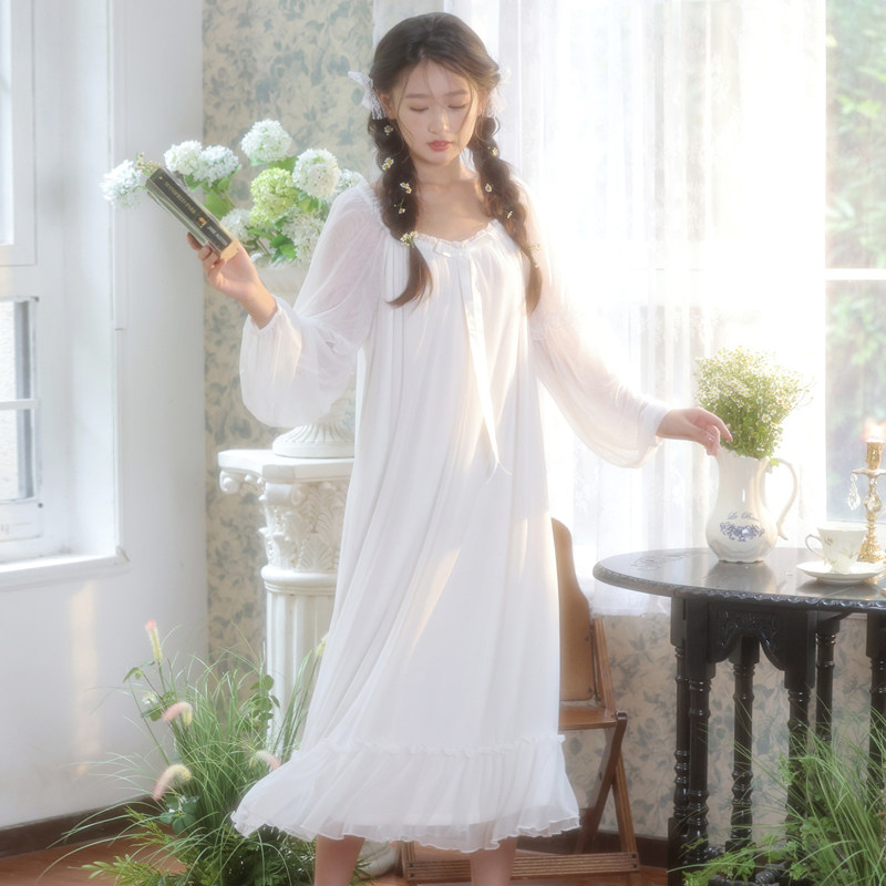 宫廷风莫代尔白色蕾丝长袖睡裙夏季女款2026新款女睡衣性感公主风