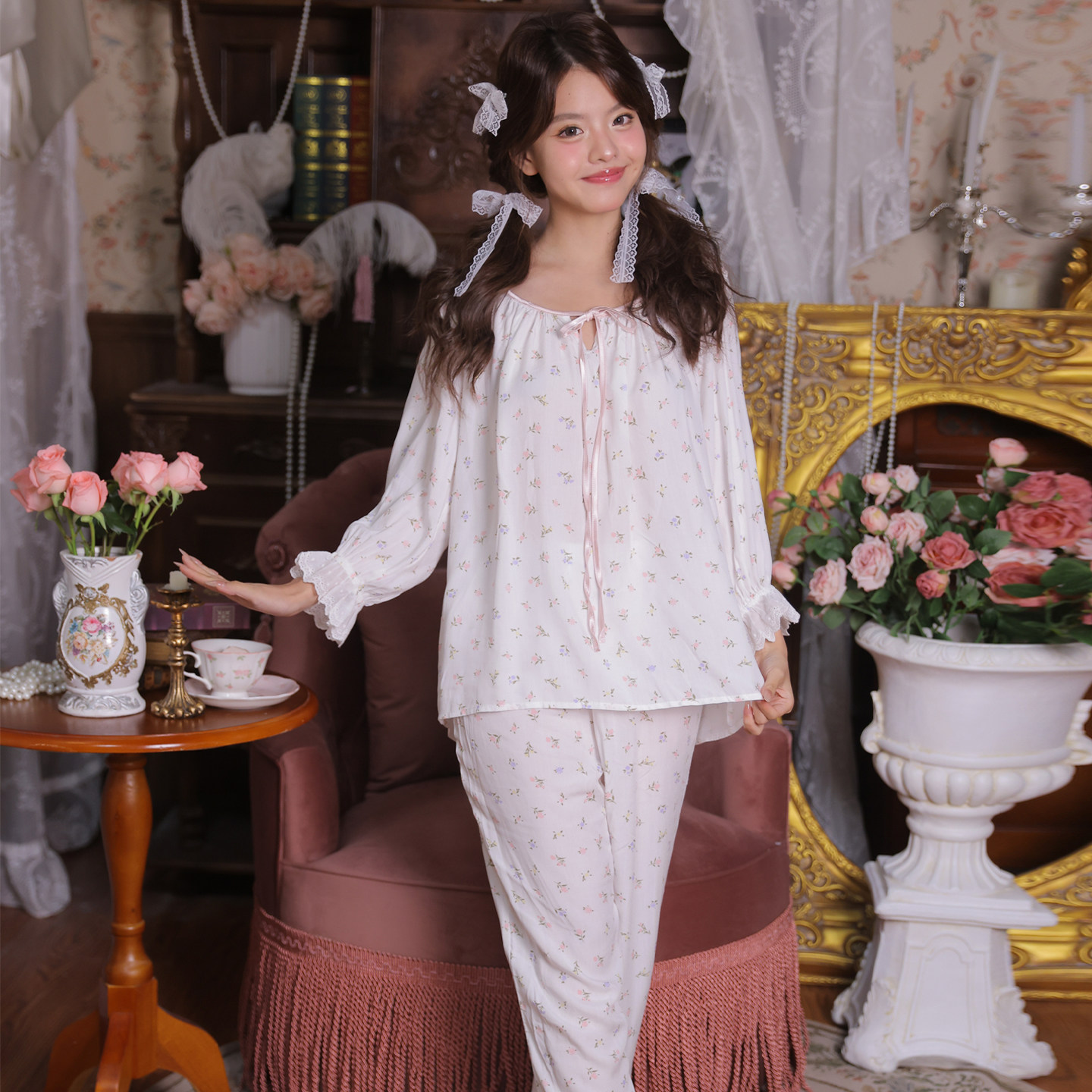 春秋宫廷风古代法式绝美睡衣女款2026新款高级感碎花莫代尔家居服