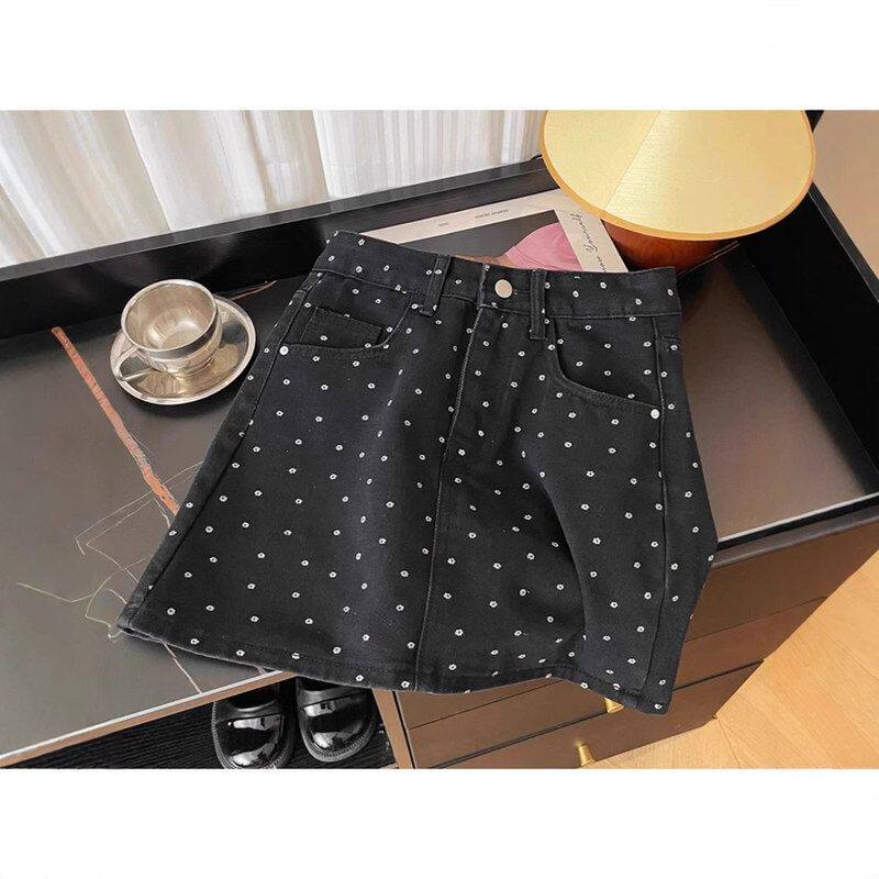 大码黑色波点碎花牛仔半身短裙女2024年夏季新款高腰包臀A字裙子