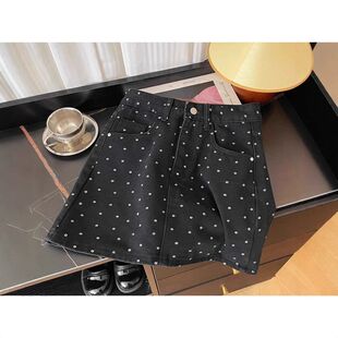 大码黑色波点碎花牛仔半身短裙女2024年夏季新款高腰包臀A字裙子