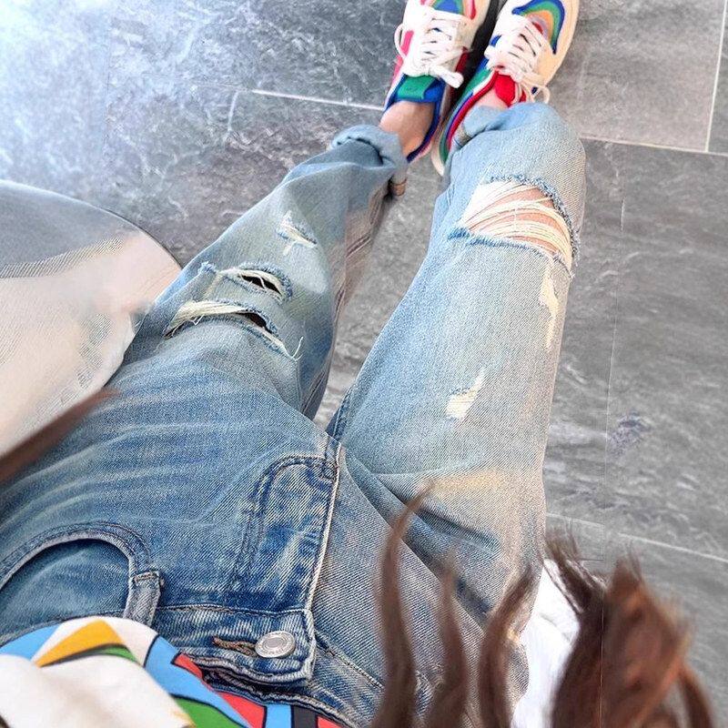 2025新款破洞裤夏季薄款梨形身材高腰宽松显瘦直筒九分哈伦牛仔裤