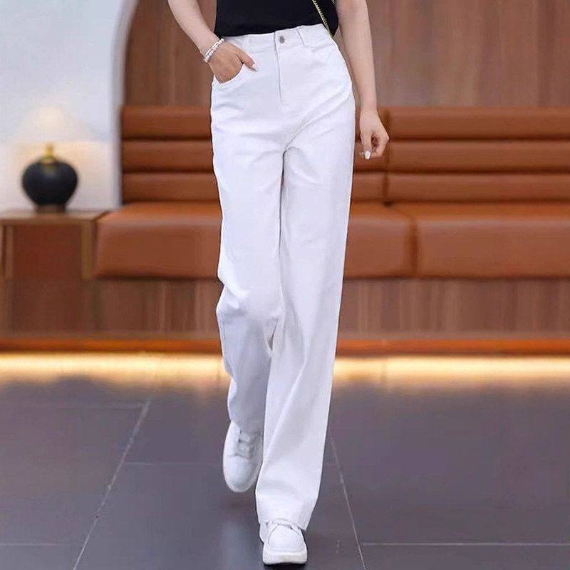 白色休闲直筒牛仔裤女2025夏季新款高腰宽松显瘦薄款窄版拖地裤子