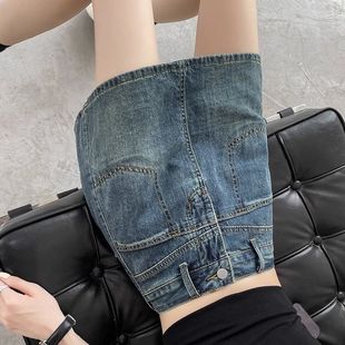 拼接设计牛仔短裙女2025夏季薄款高腰显瘦小个子a字包臀半身裤裙