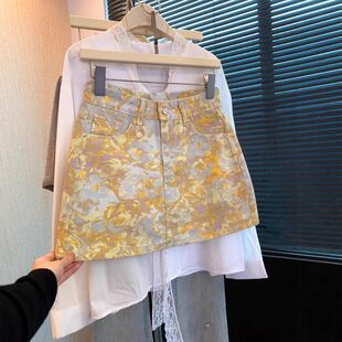 复古油画风花卉印花牛仔短裙女2026夏季 小个子高腰显瘦a字半身裙