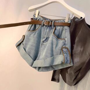 高腰宽松显瘦a字休闲松紧阔腿热裤 女夏2025新款 卷边牛仔短裤 韩版