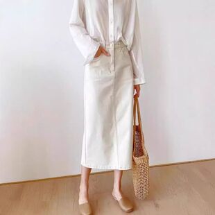 气质米白色开叉牛仔半身裙2026年春夏新款 显瘦a字裙子减龄中长款