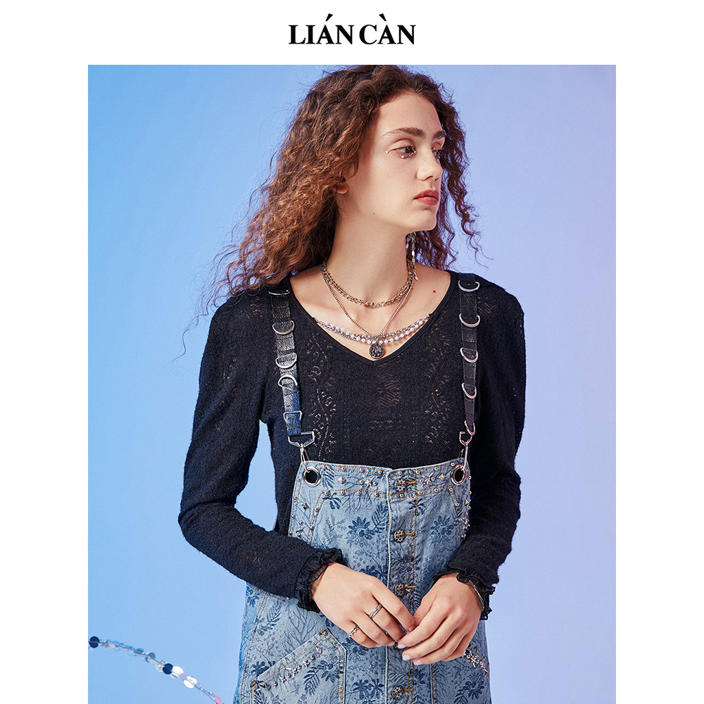 【莲灿】2024春商场同款气质V领泡泡袖珍珠长袖针织衫7121333004