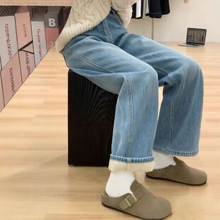 加绒宽松高腰窄版阔腿牛仔裤女2025秋冬季大码显瘦小个子直筒长裤