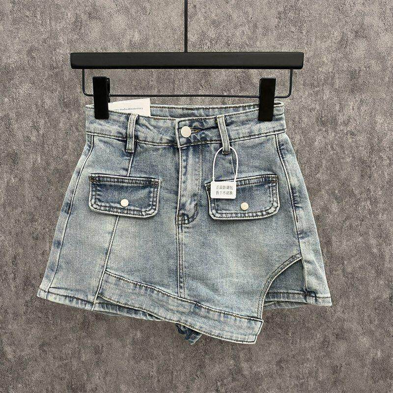 2024夏季不规则牛仔裙裤女高腰显瘦包臀半身裙辣妹a字阔腿热裤裙