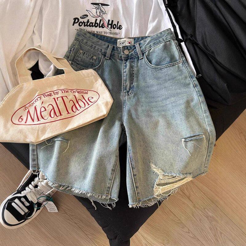 复古破洞牛仔五分裤女2025夏季新款高腰宽松显瘦a字阔腿直筒中裤