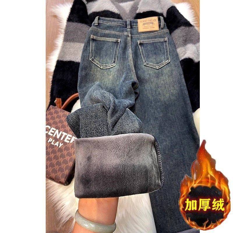 高腰加绒加厚牛仔裤女秋季胖MM大码复古宽松显瘦小个子直筒长裤潮
