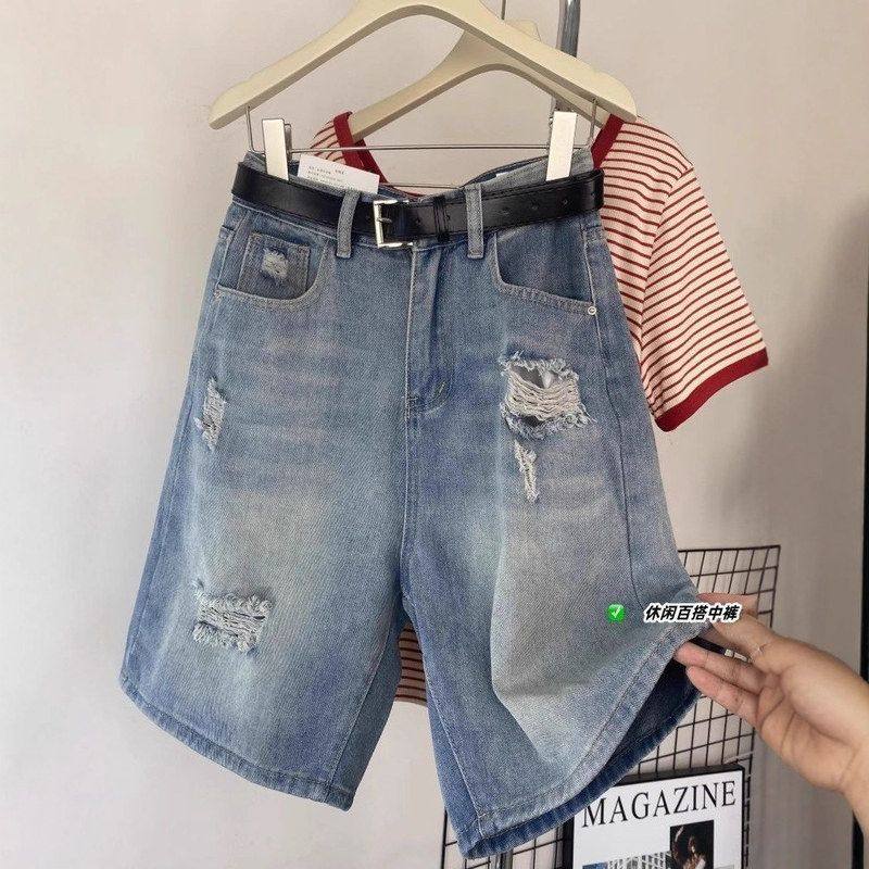 大码复古破洞牛仔五分短裤女夏季薄款高腰宽松显瘦阔腿直筒中裤潮