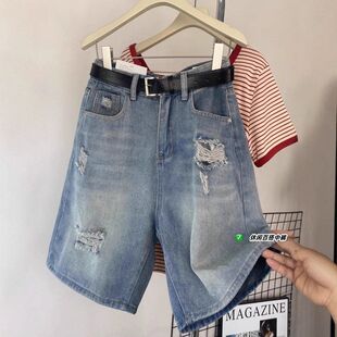 大码复古破洞牛仔五分短裤女夏季薄款高腰宽松显瘦阔腿直筒中裤潮
