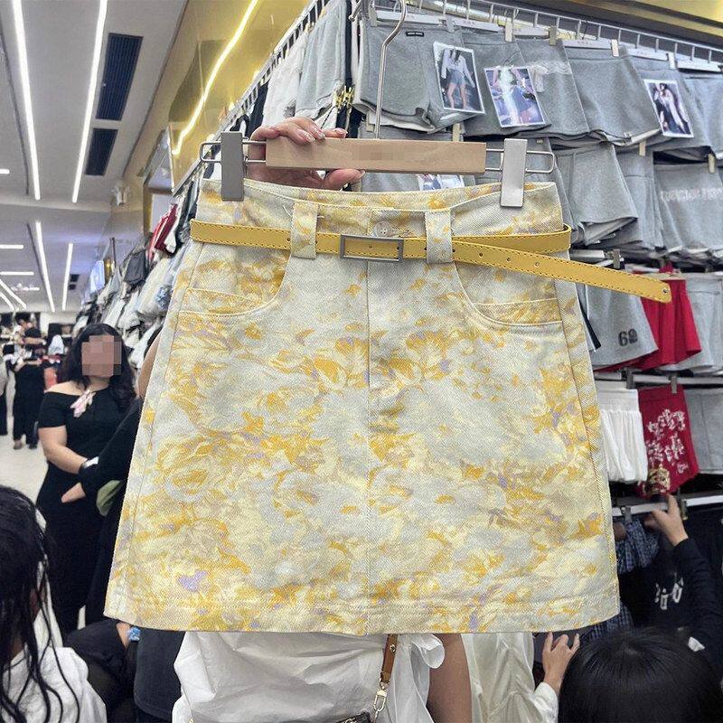 复古扎染牛仔半身裙女2025夏季新款薄款高腰a字包臀防走光短裙ins