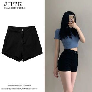 黑色高腰牛仔短裤女辣妹短裤女夏季外穿弹力高腰紧身显瘦包臀热裤