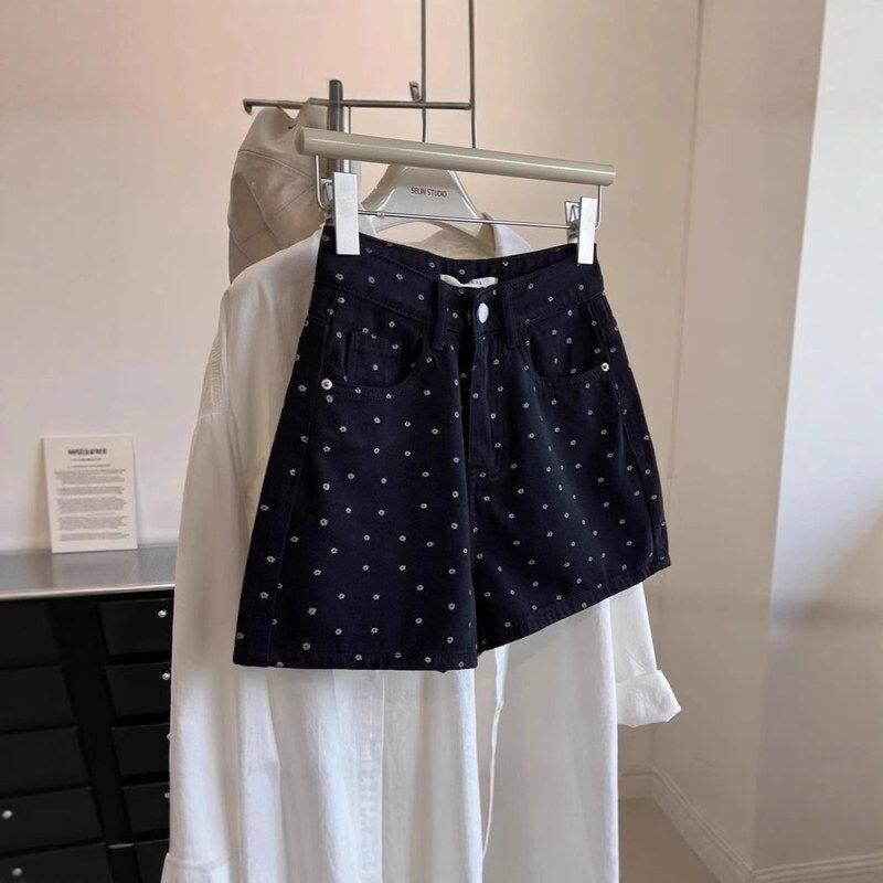 韩版黑色碎花牛仔短裤女夏2025新款高腰宽松显瘦a字休闲阔腿热裤