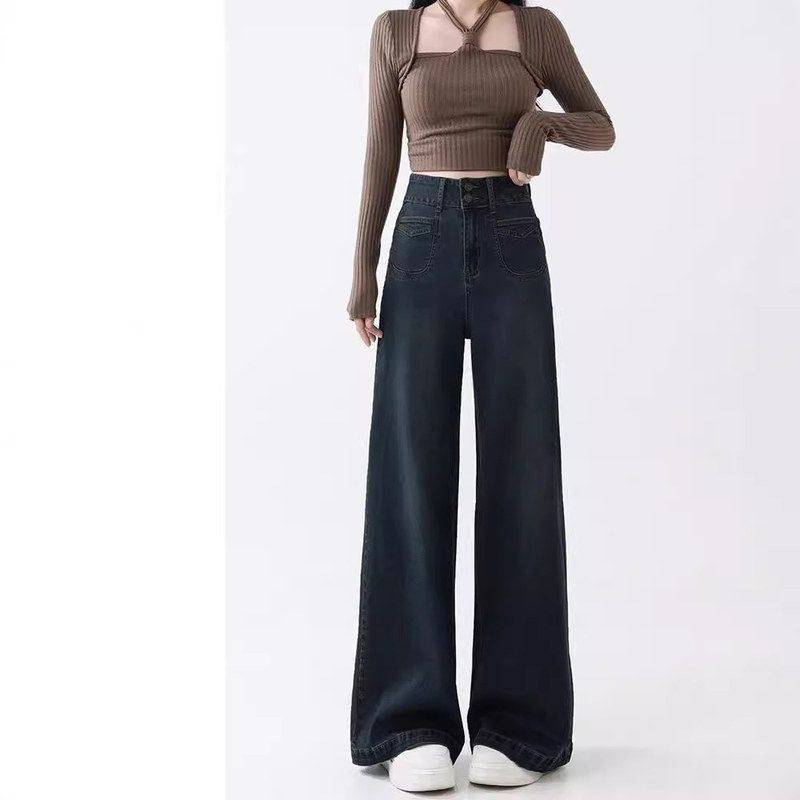 复古蓝直筒牛仔裤女春秋新款高腰大码胖mm宽松显瘦梨形身材阔腿裤