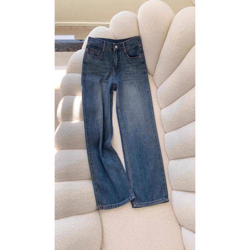复古百搭窄版阔腿直筒牛仔裤女2025春新款小个子高腰显瘦拖地长裤