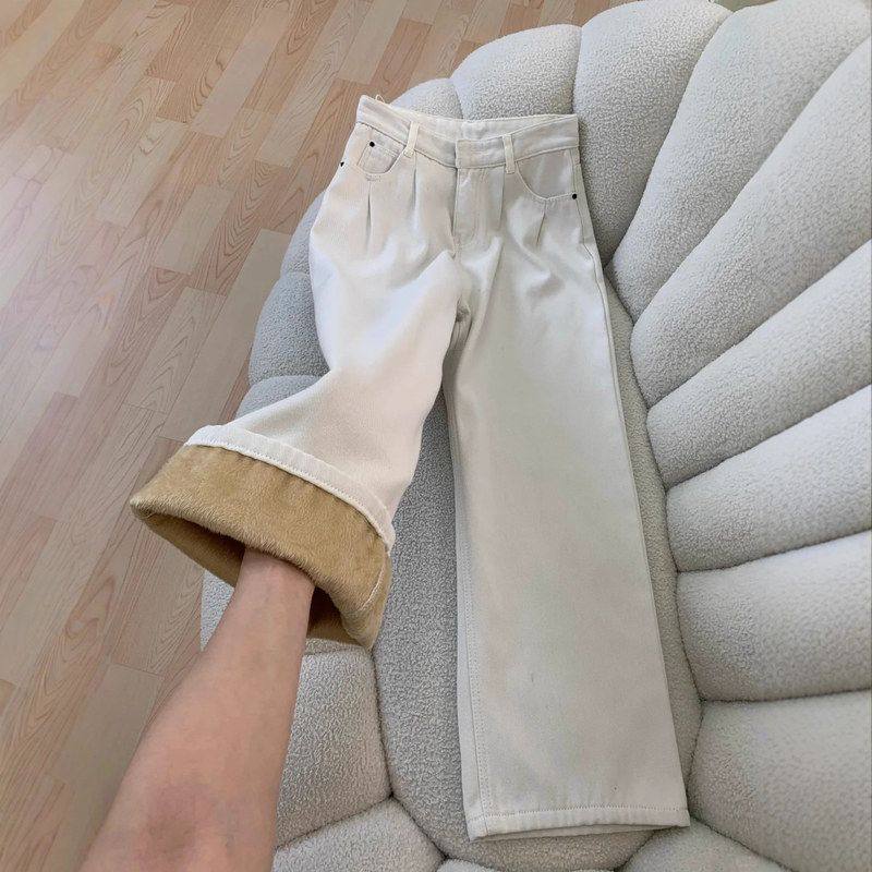 白色加绒加厚阔腿牛仔裤女2025年新款韩版高腰垂感显瘦休闲直筒裤