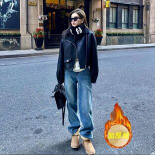 加绒加厚复古宽松阔腿牛仔裤女2025冬季大码高腰显瘦窄版直筒长裤