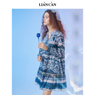 连衣裙7121424004 宽松减龄A字国风印花雪纺长袖 莲灿碎花时尚 春季