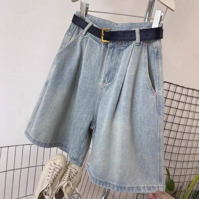复古浅色五分牛仔裤女2025夏季新款高腰宽松显瘦a字休闲阔腿中裤
