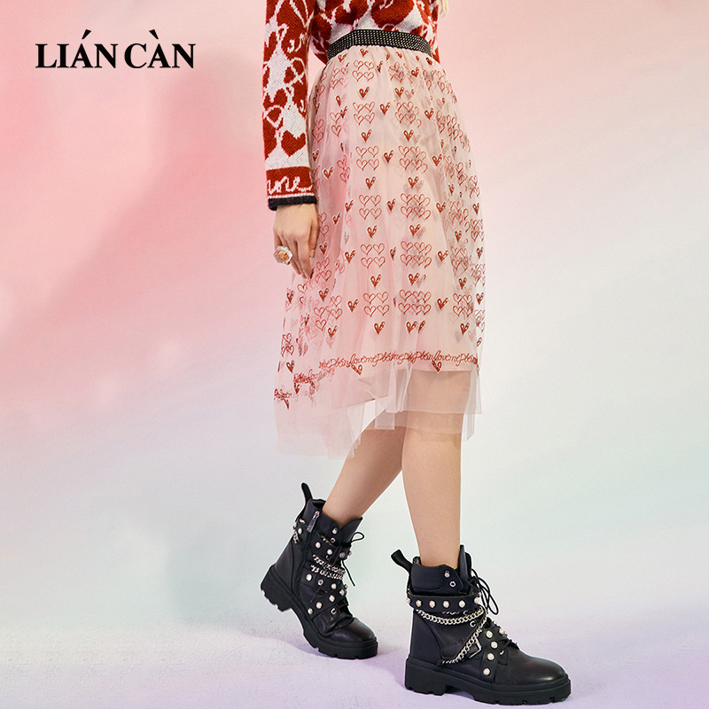 莲灿烫钉松紧腰绣花面料百搭网纱蕾丝时尚半身长裙 7122153003