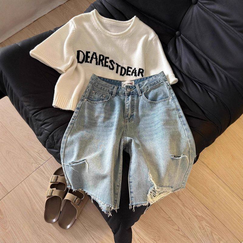 美式复古蓝色破洞牛仔短裤女夏季2025新款阔腿高腰直筒五分中裤子