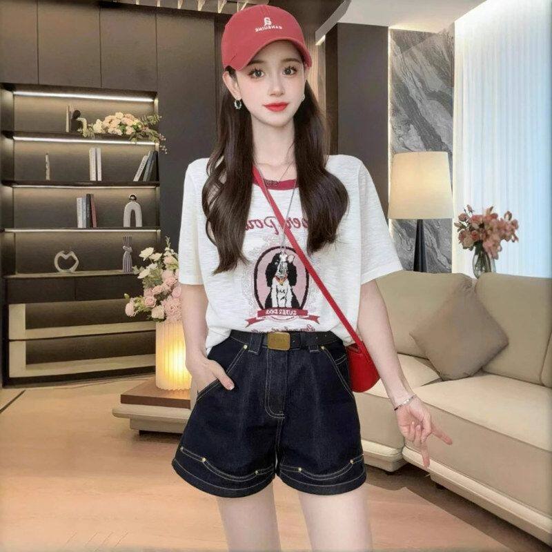 韩版气质牛仔短裤女2025年夏季大码高腰宽松显瘦a字阔腿热裤ins风