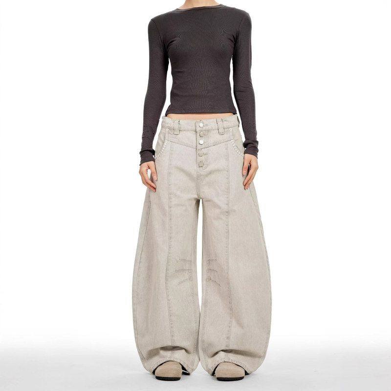 跨境美式复古吸水复古杏色牛仔裤多袖口设计男女同款弯刀牛仔长裤