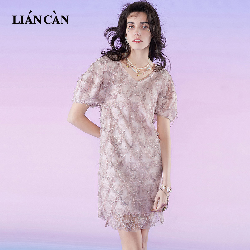 莲灿2025夏季网纱边短袖连衣裙