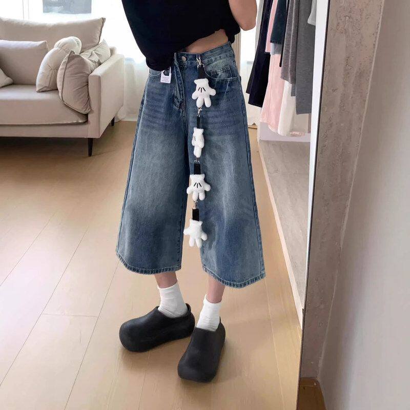 复古水洗高腰阔腿牛仔裤女2026瞎几新款宽松显瘦小个子直筒七分裤