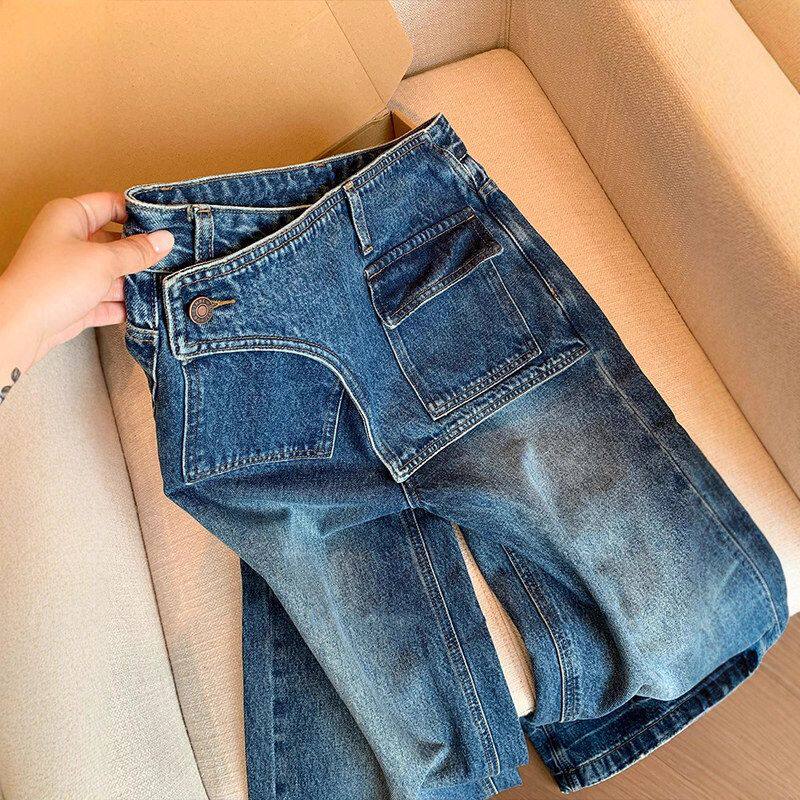 复古水洗屁帘阔腿牛仔裤女秋新款设计感小众高腰显瘦宽松直筒裤子