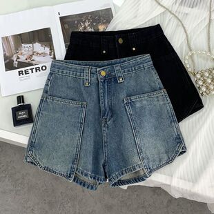 设计感双口袋超短牛仔短裤女2025新款高腰宽松显瘦A字阔腿热裤