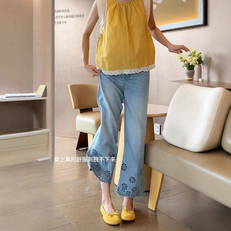 镂空刺绣设计感直筒牛仔裤女2025夏季新款高腰大码显瘦九分阔腿裤