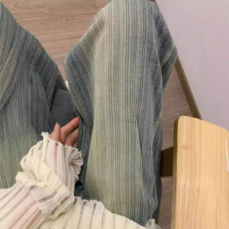 2024设计感竖条纹显瘦直筒裤女高个子加长美式复古水洗阔腿牛仔裤