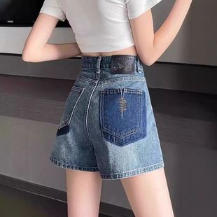 夏季薄款复古高腰牛仔短裤女大码胖mm口袋撞色设计感显瘦辣妹热裤