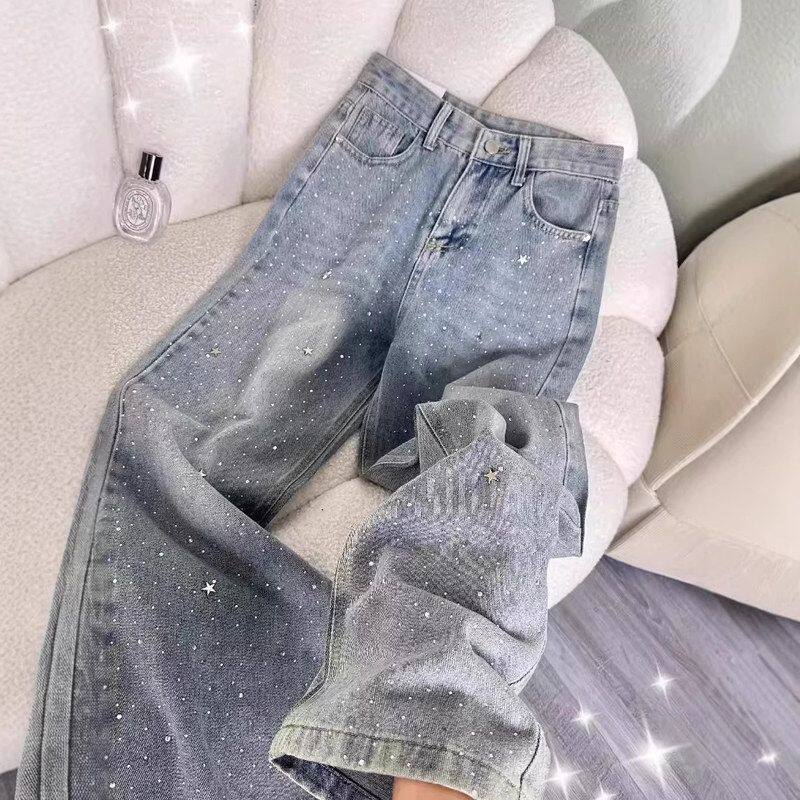 浅蓝色星星烫钻牛仔裤女2026年春季设计感百搭高腰显瘦窄版阔腿裤