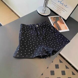 黑色波点牛仔短裤女夏季2025新款辣妹高腰显瘦阔腿a字包臀热裤子