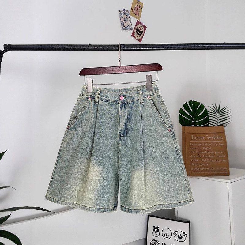 复古浅色阔腿牛仔裤女2025年夏季新款高腰显瘦小个子五分直筒中裤