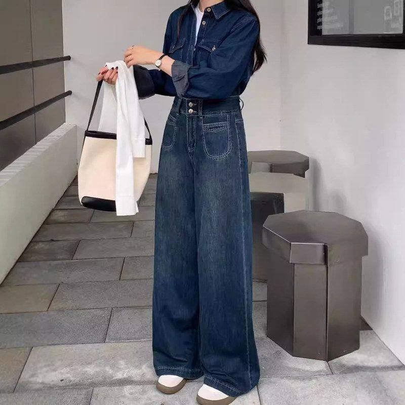 高腰深蓝色阔腿牛仔裤女2025年秋季新款宽松显瘦小个子直筒阔腿裤