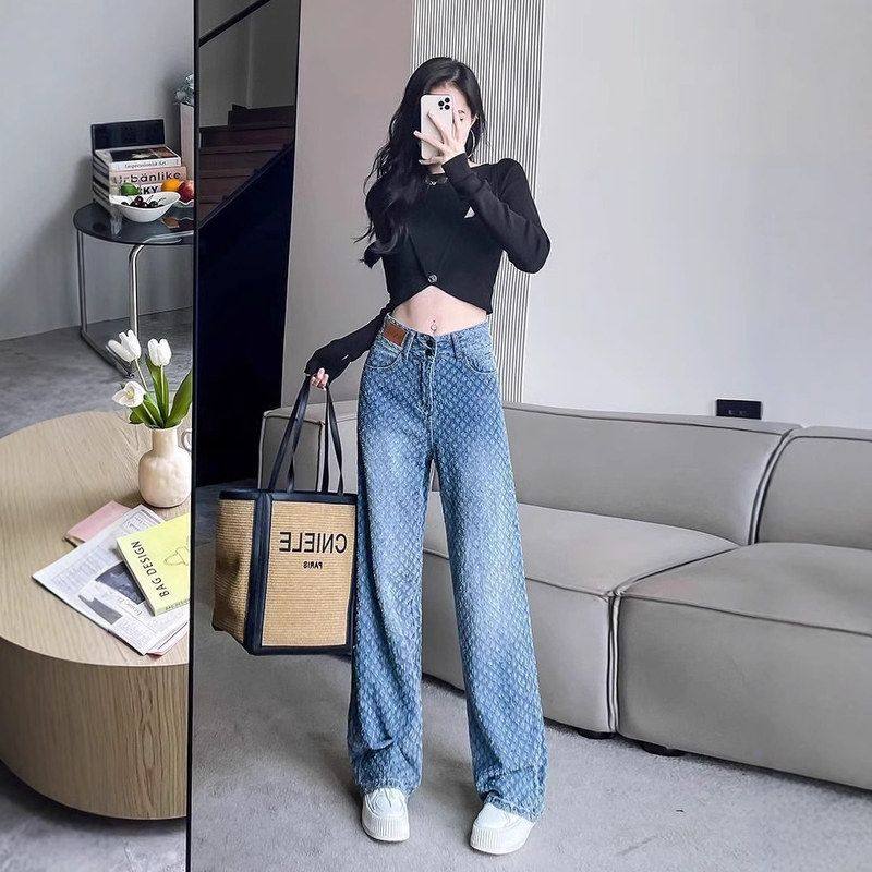 酷飒潮流直筒牛仔裤女2024秋冬新款高腰胖mm显瘦宽松拖地阔腿长裤