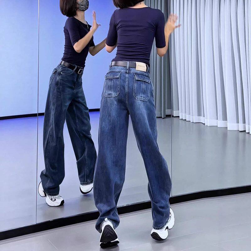 深蓝色复古口袋弯刀牛仔裤女2026春季新款设计感宽松阔腿镰刀裤子