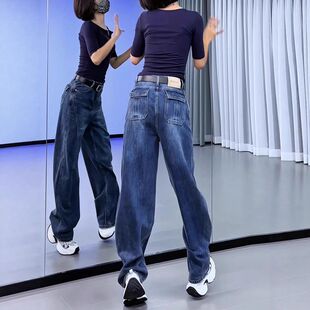 深蓝色复古口袋弯刀牛仔裤女2026春季新款设计感宽松阔腿镰刀裤子